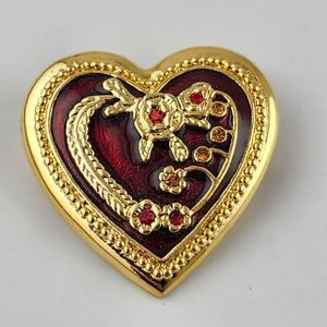 Heart-Shaped Goldtone & Red Enamel Brooch‎ With Floral Design